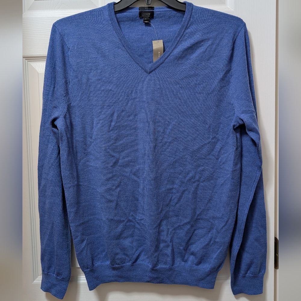 NWT J.Crew Merino Wool Slim V-neck sweater Heather Surf Blue Size L Slim Fit